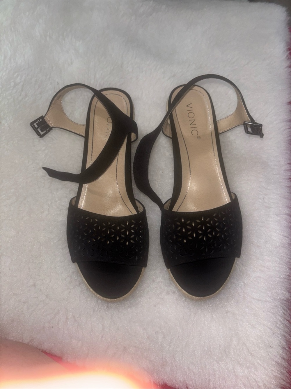 Vionic Black Espadrille Wedge Sandals with Perforated Toe - Picture 2 of 11